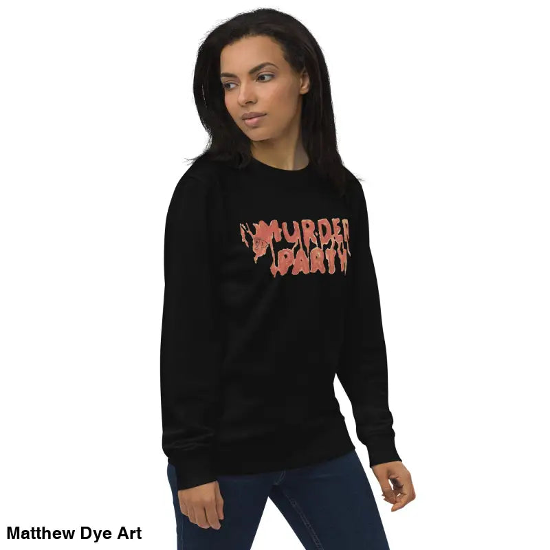 Black Murder Party sweatshirt showcasing unisex horror art in an eco-friendly design