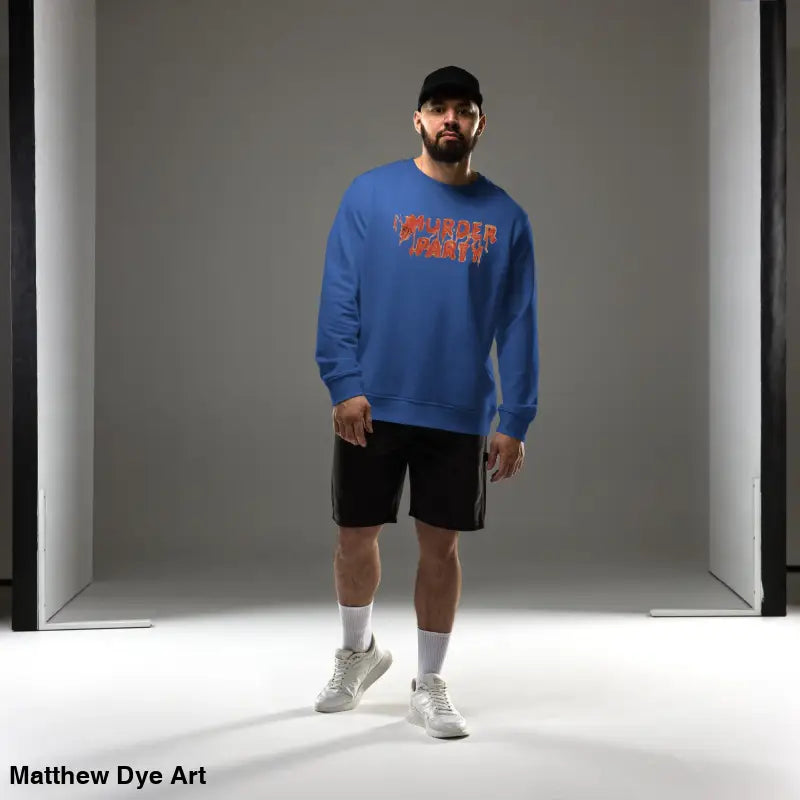 Blue crewneck sweatshirt from the eco-friendly Murder Party collection, ideal for horror art lovers