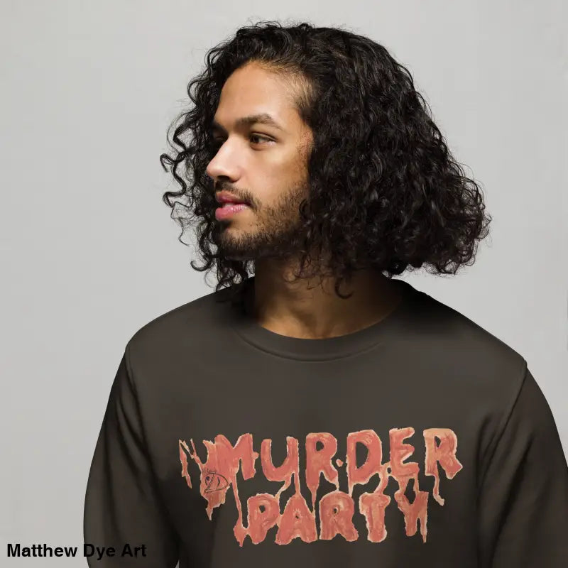 Unisex eco-friendly Murder Party sweatshirt showcasing horror art design for enthusiasts