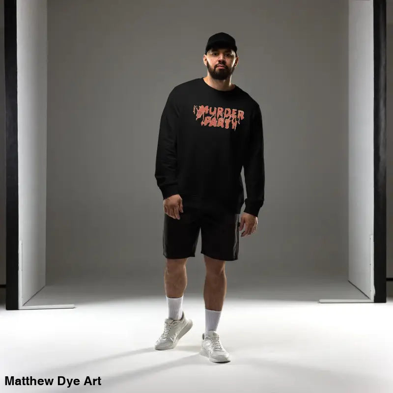 Black Murder Party sweatshirt featuring bold text, perfect for horror art enthusiasts