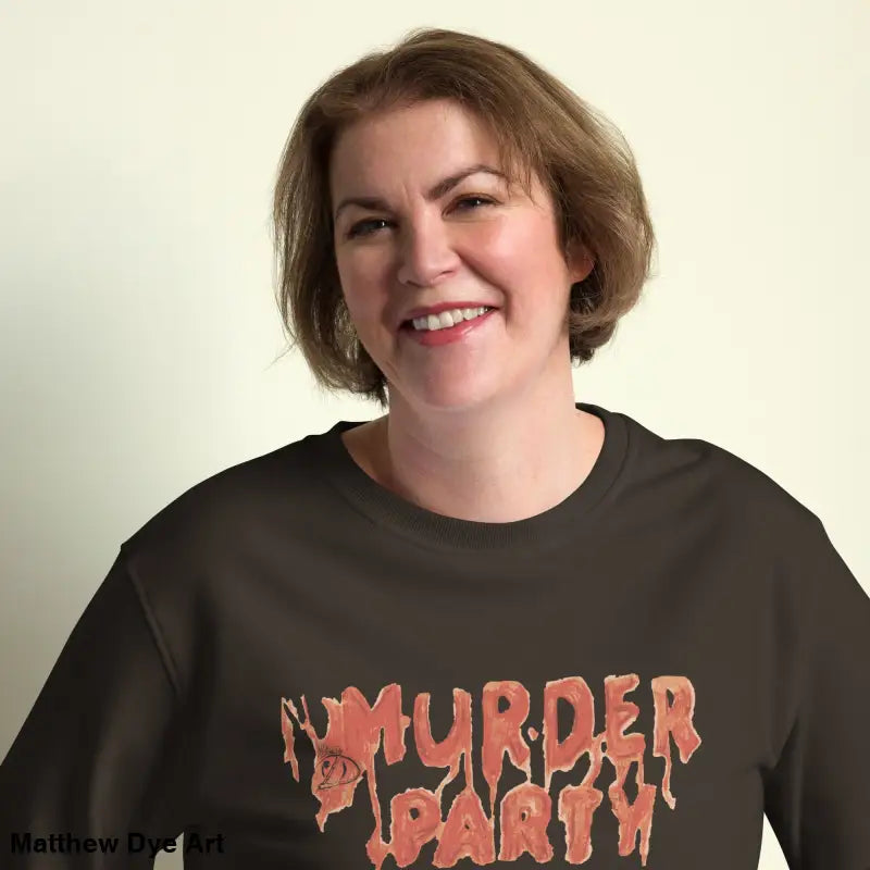 Murder Party sweatshirt featuring unique horror art design for eco-friendly style