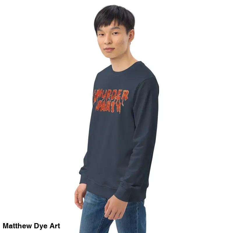 Dark blue Murder Party sweatshirt showcasing eco-friendly horror art design