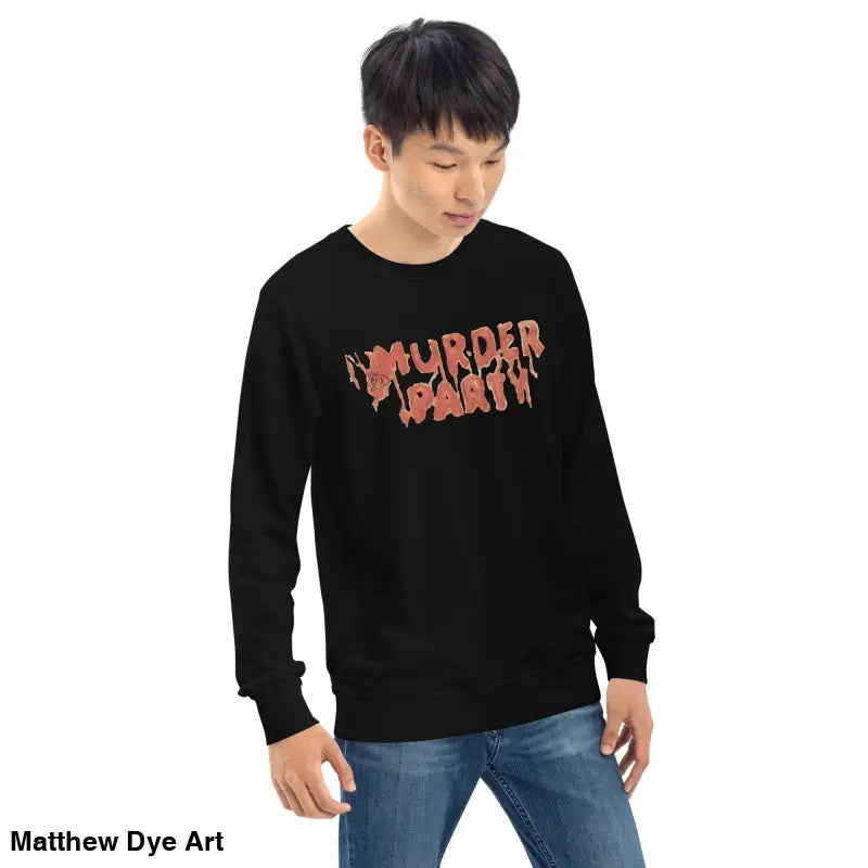 Black Murder Party sweatshirt featuring bold text, ideal for horror art enthusiasts