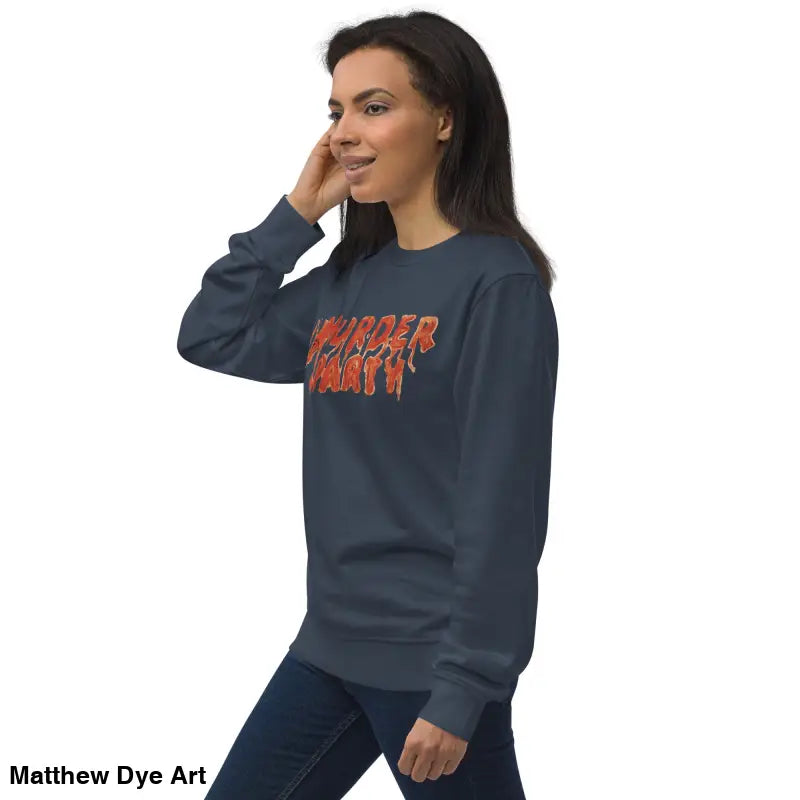 Dark blue murder party sweatshirt featuring striking orange lettering in eco-friendly design