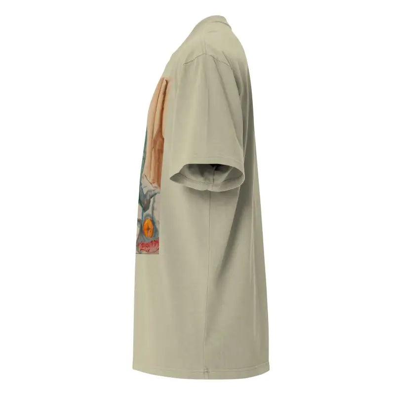 Beige phrenology faded oversized tee featuring decorative patch on sleeve
