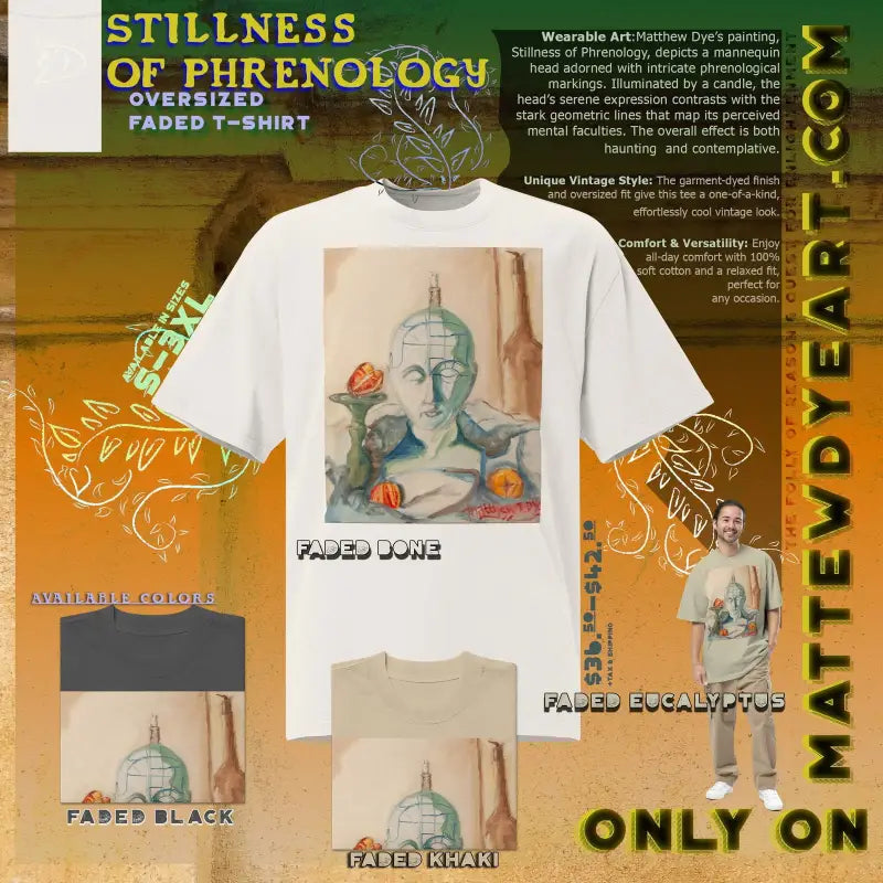 White t-shirt with artistic phrenology head design, featuring faded oversized style