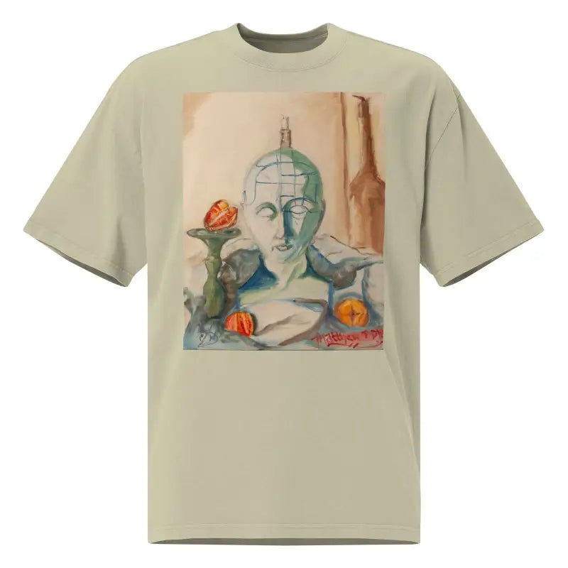 Light beige faded oversized t-shirt with artistic watercolor classical bust and fruit print