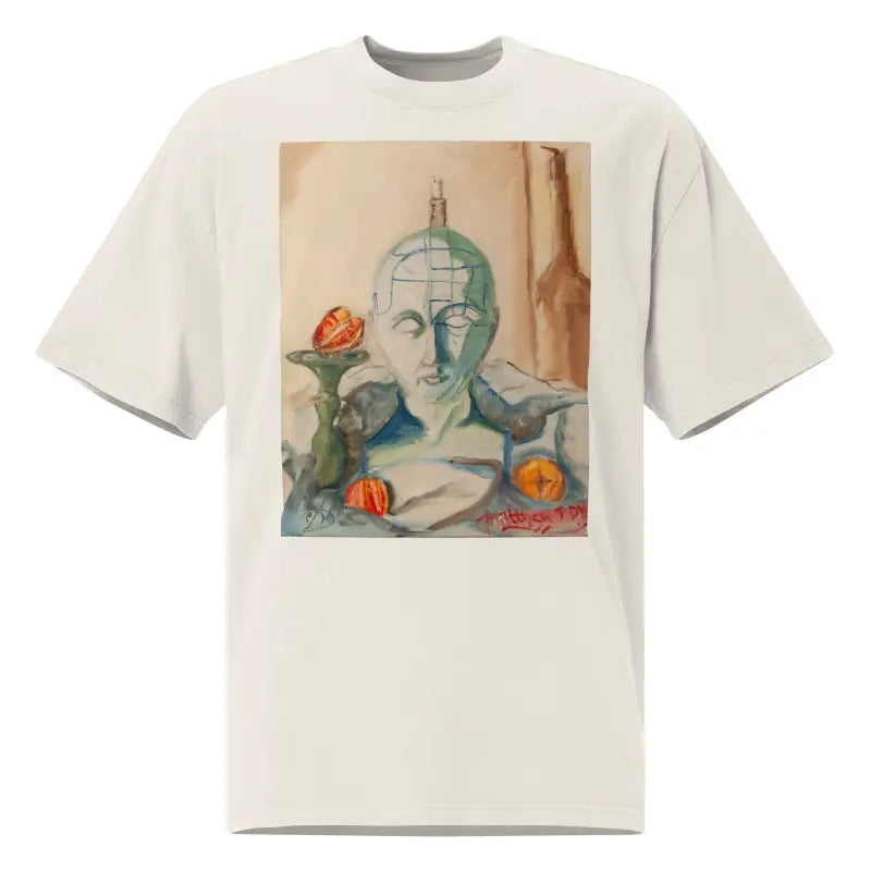 White t-shirt with an artistic classical bust print in phrenology faded oversized style