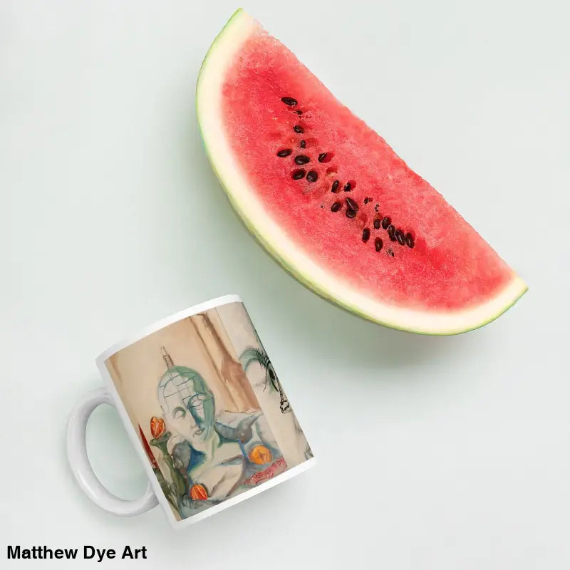 Fresh watermelon slice with seeds showcased on a Glossy Mug crafted with Matthew Dye art