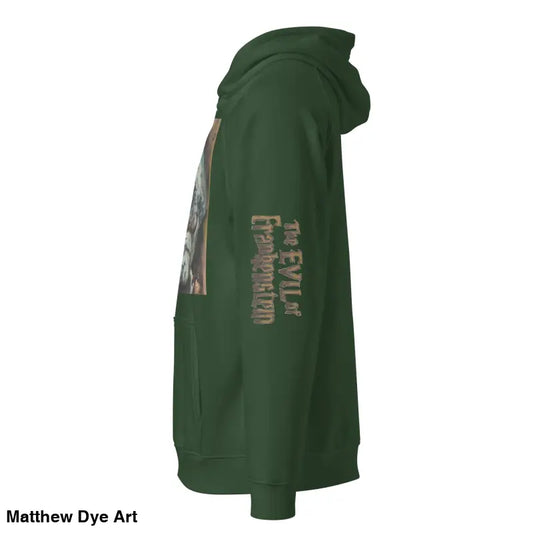 Green hooded sweatshirt from Stitched for Terror, unisex eco cotton-blend Halloween hoodie
