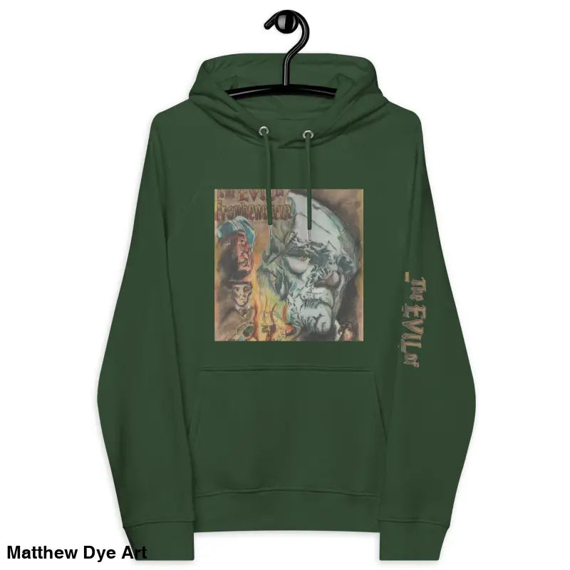 Green unisex eco cotton-blend hoodie featuring The Evil of Frankenstein graphic print