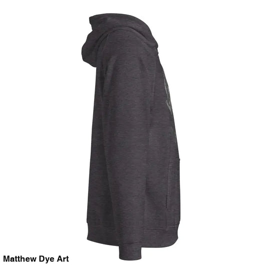 Black hooded sweatshirt side view of Unisex Eco Raglan Hoodie featuring haunting design