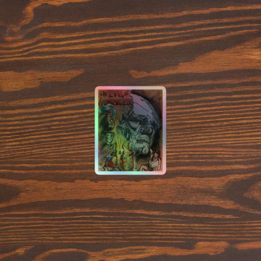 Holographic trading card on wood showcasing eye-catching holographic stickers design