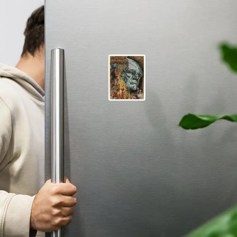 Hand grasping stainless steel refrigerator door handle in a classic horror setting