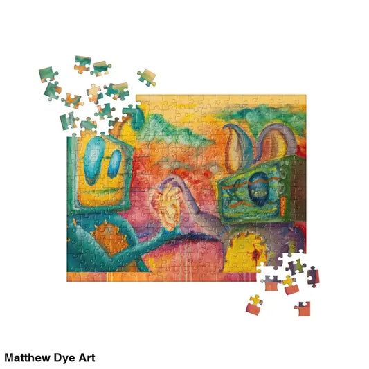 Partially completed heart jigsaw puzzle with scattered colorful abstract pieces
