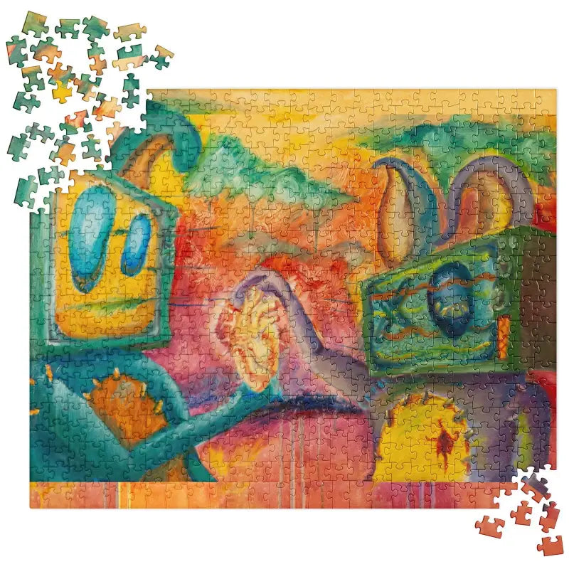 Partially completed heart jigsaw puzzle featuring vibrant abstract artwork for Valentine’s Day