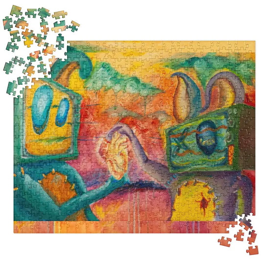 Partially completed heart jigsaw puzzle featuring vibrant abstract artwork for Valentine’s Day