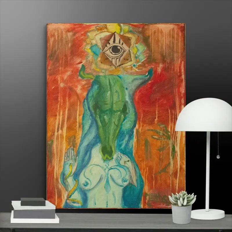 Surrealist painting of a green humanoid with an eye symbol, Matthew Dye Art Priestess Canvas Print