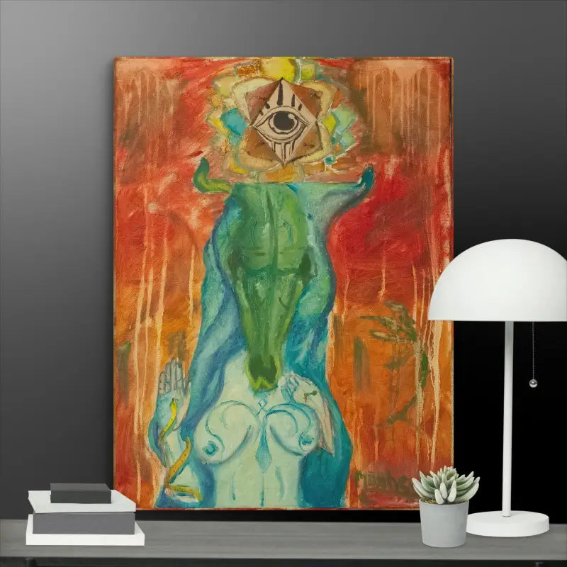 Surrealist painting of a green humanoid with an eye, featured in Matthew Dye Art’s Priestess Canvas Print