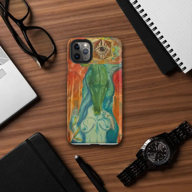 Colorful Tough Case for iPhone featuring abstract human figure design with Priestess artistry