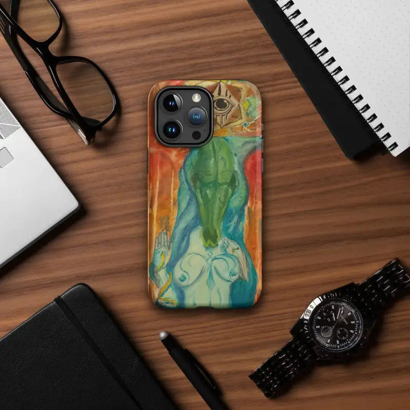 Colorful abstract-patterned Tough Case for iPhone featuring Priestess Artistry and triple camera
