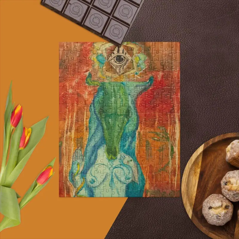 Colorful abstract painting of a figure, highlighting artistic beauty in The Priestess Jigsaw Puzzle
