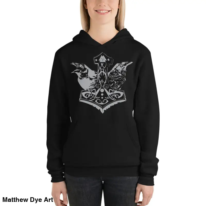 Black hoodie featuring Thor’s Mjolnir and Odin’s Ravens for a comfortable Viking unisex pullover