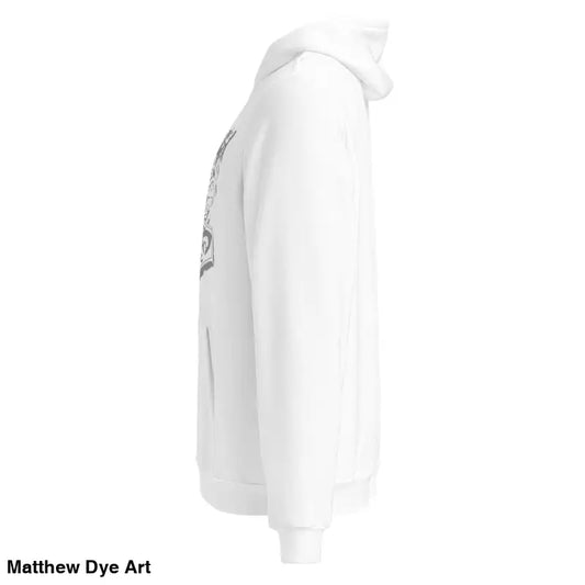 White hooded sweatshirt featuring Thor’s Mjolnir and Odin’s Ravens, comfortable Viking unisex pullover