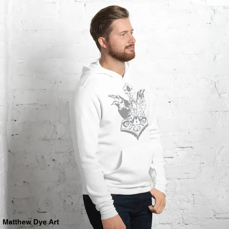White hoodie with gray graphic featuring Thor’s Mjolnir and Odin’s Ravens design