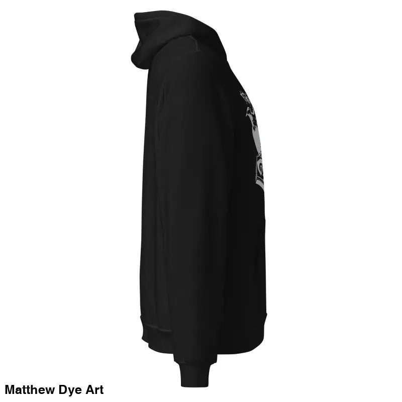 Black hooded sweatshirt featuring Thor’s Mjolnir and Odin’s Ravens, a comfortable Viking unisex pullover