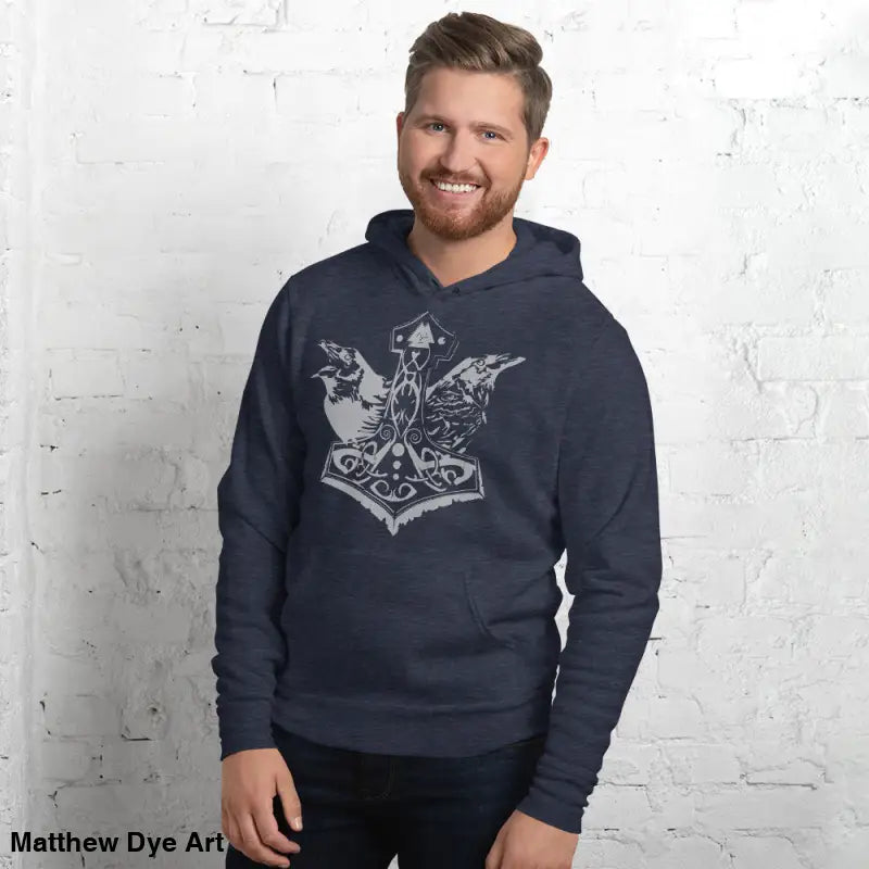 Navy comfortable Viking unisex pullover hoodie featuring Thor’s Mjolnir and Odin’s Ravens graphic