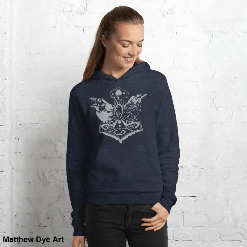 Navy comfortable Viking unisex pullover hoodie featuring Thor’s Mjolnir and Odin’s Ravens graphic