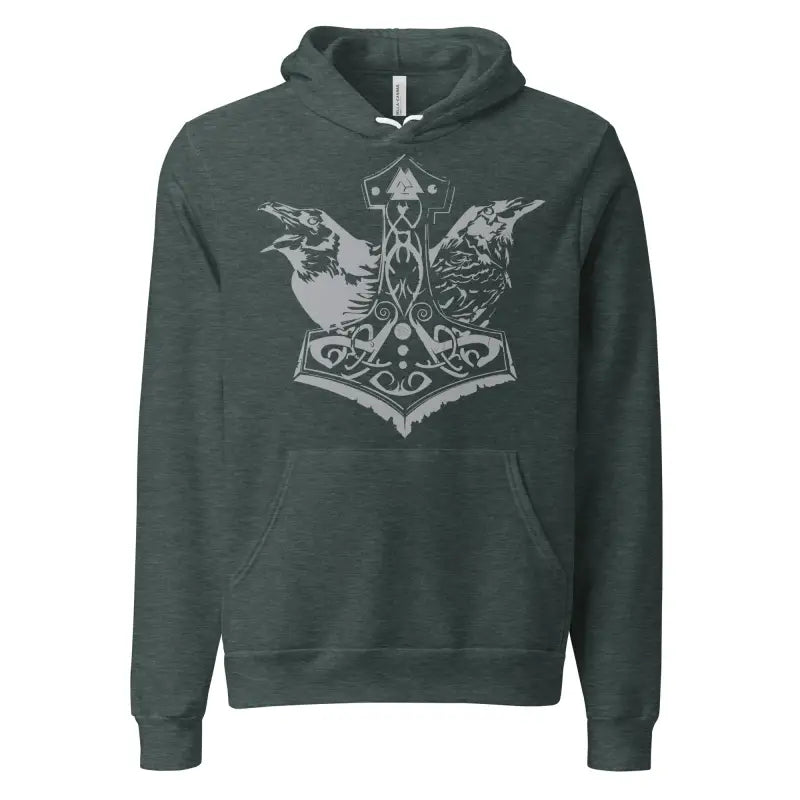 Heathered green hoodie featuring Thor’s Mjolnir and Odin’s Ravens design for comfortable wear