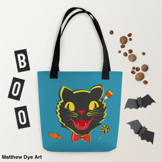 Vintage Halloween Cat Tote featuring a black cat design for trick or treat use