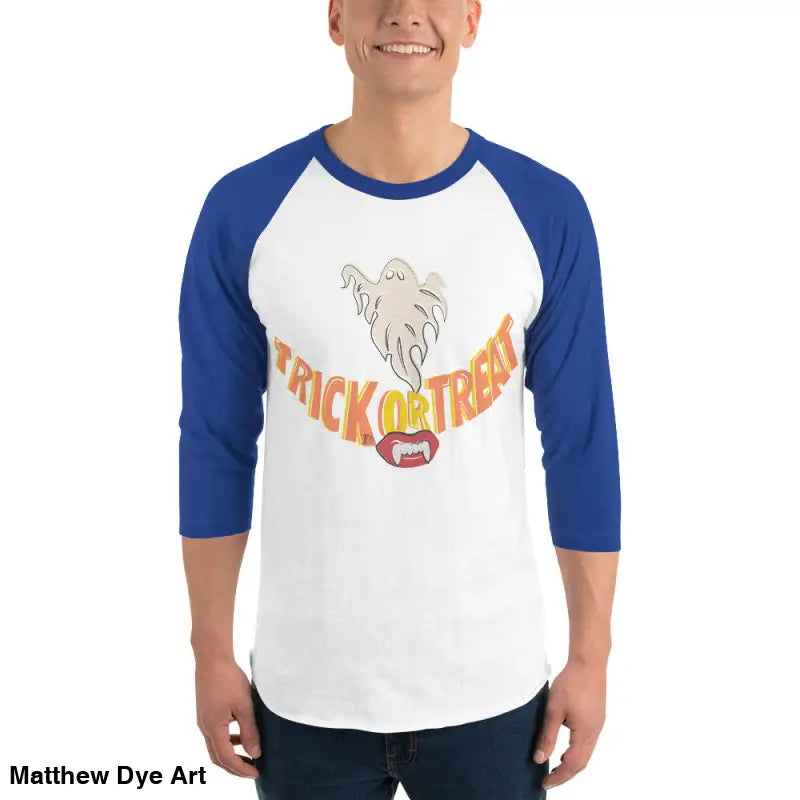 Blue-sleeved Halloween shirt featuring Trick or Treat Smiles design on a baseball tee