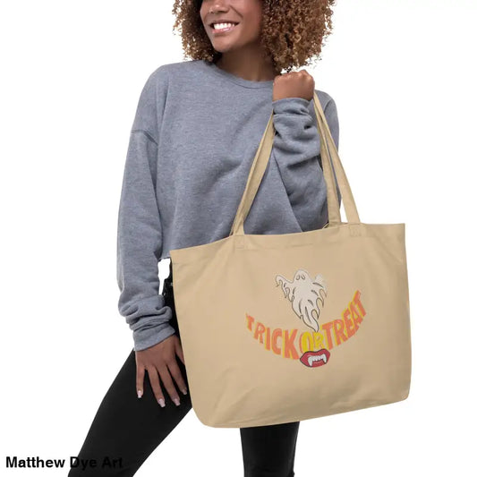 Beige tote bag featuring Halloween design, ideal for Trick or Treat Smiles