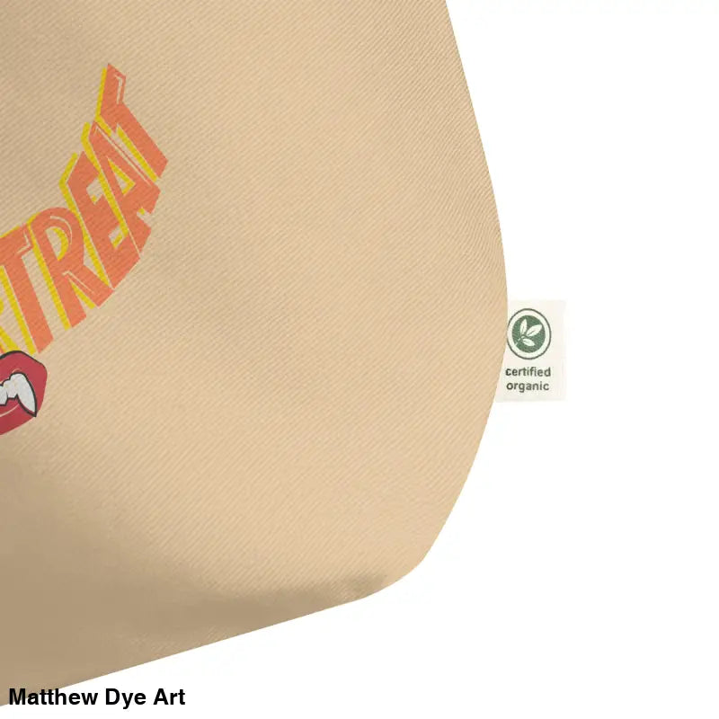 Beige tote bag with certified organic tag, ideal for Halloween reusable trick or treat bag