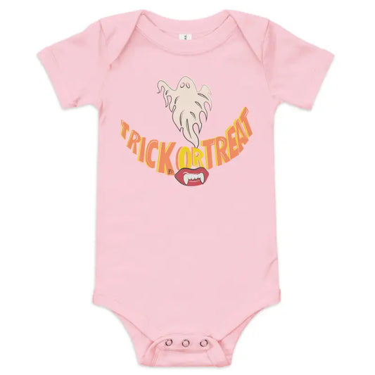 Pink baby bodysuit featuring Trick or Treat Smiles design for vintage Halloween baby clothing
