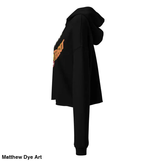 Black hooded sweatshirt featuring vampire fangs on a happy trick-or-treating cropped design