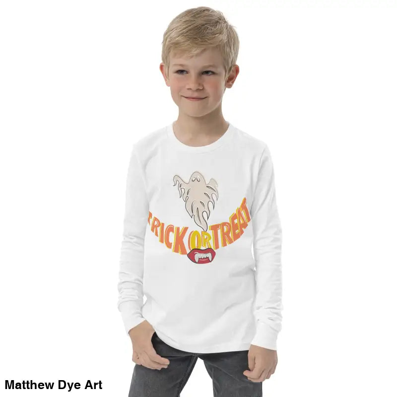 Child’s unisex long sleeve Halloween shirt promoting treat smiles youth fun