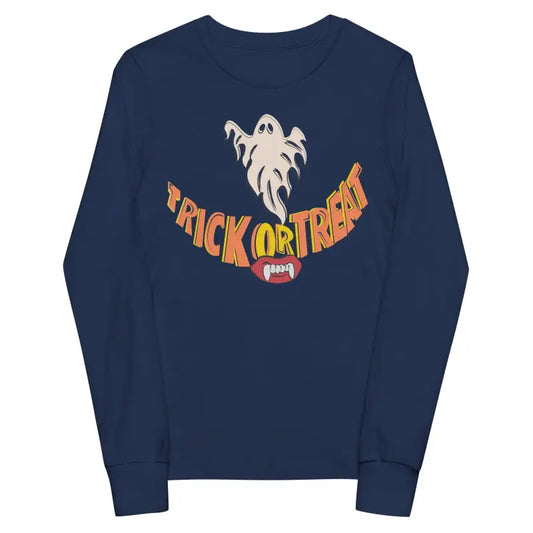 Navy blue unisex long sleeve shirt featuring Halloween graphic for treat smiles youth