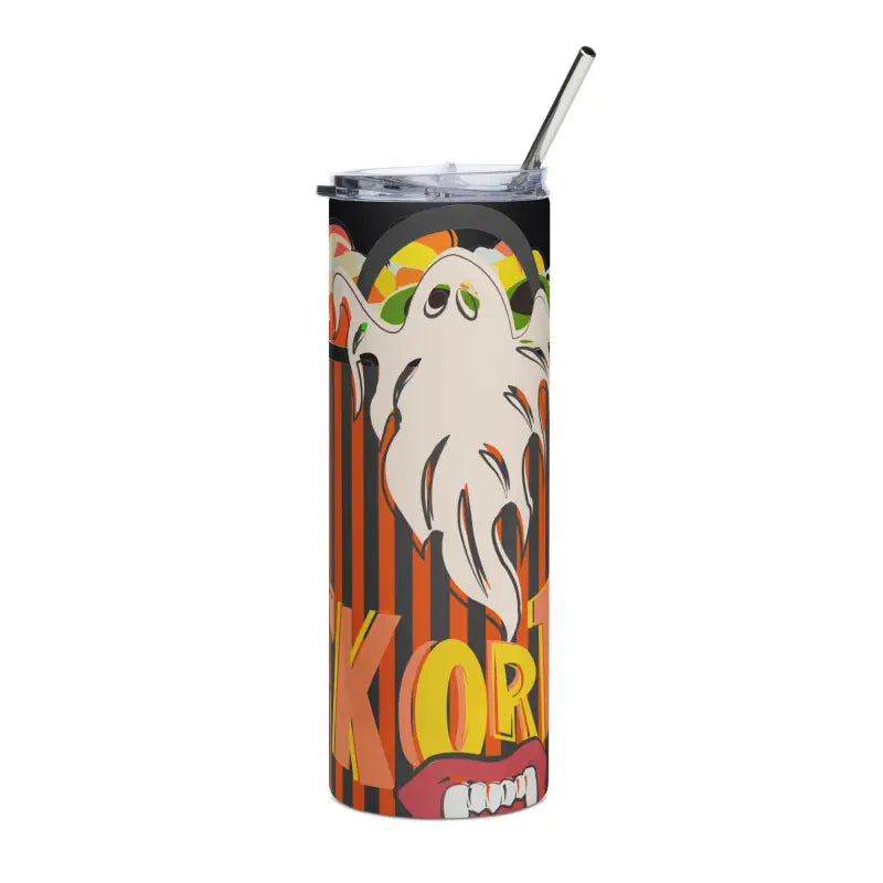 Halloween-themed stainless steel tumbler with straw featuring Matthew Dye art design