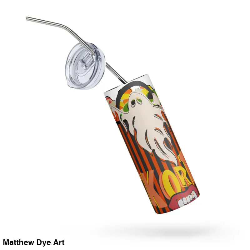 Halloween-themed stainless steel tumbler with straw featuring Matthew Dye art design