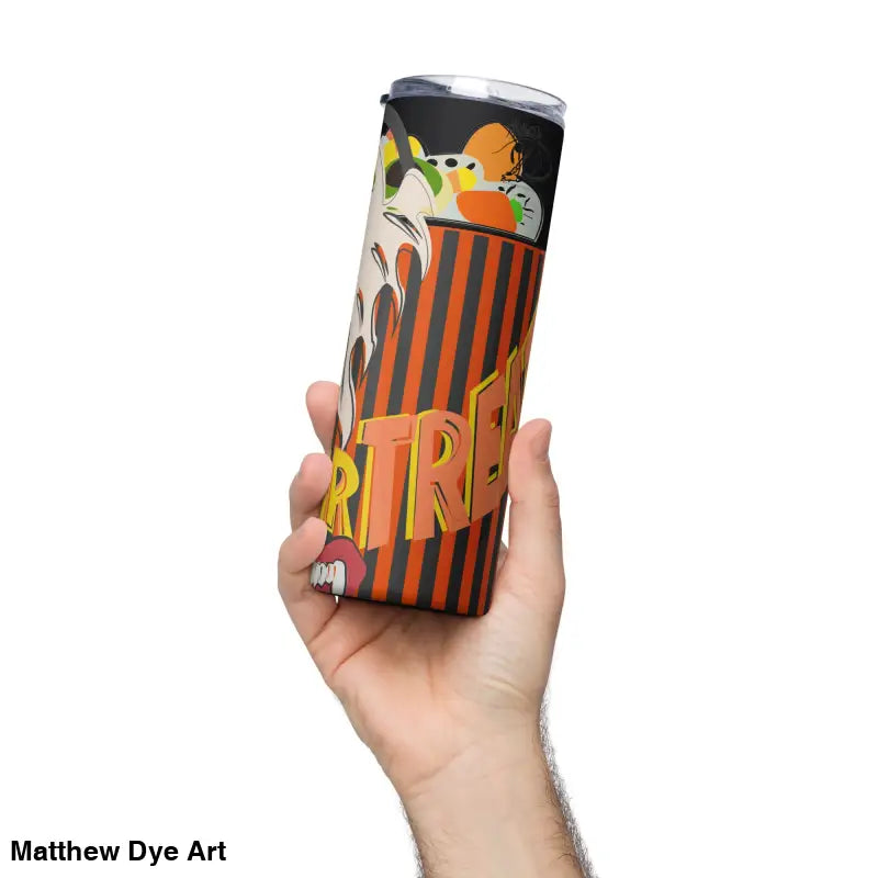 Halloween-themed stainless steel tumbler featuring Matthew Dye art for festive enjoyment