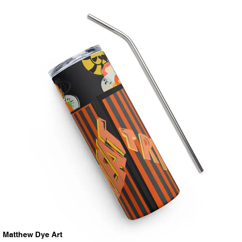 Halloween-themed stainless steel tumbler featuring Matthew Dye art and a convenient straw