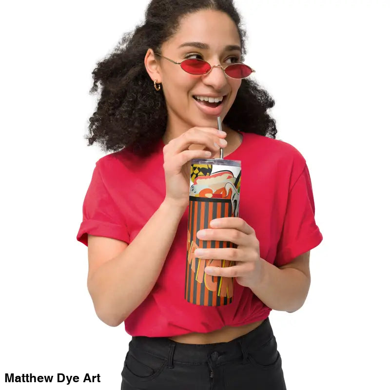 Halloween-themed stainless steel tumbler featuring Matthew Dye art for festive drinks