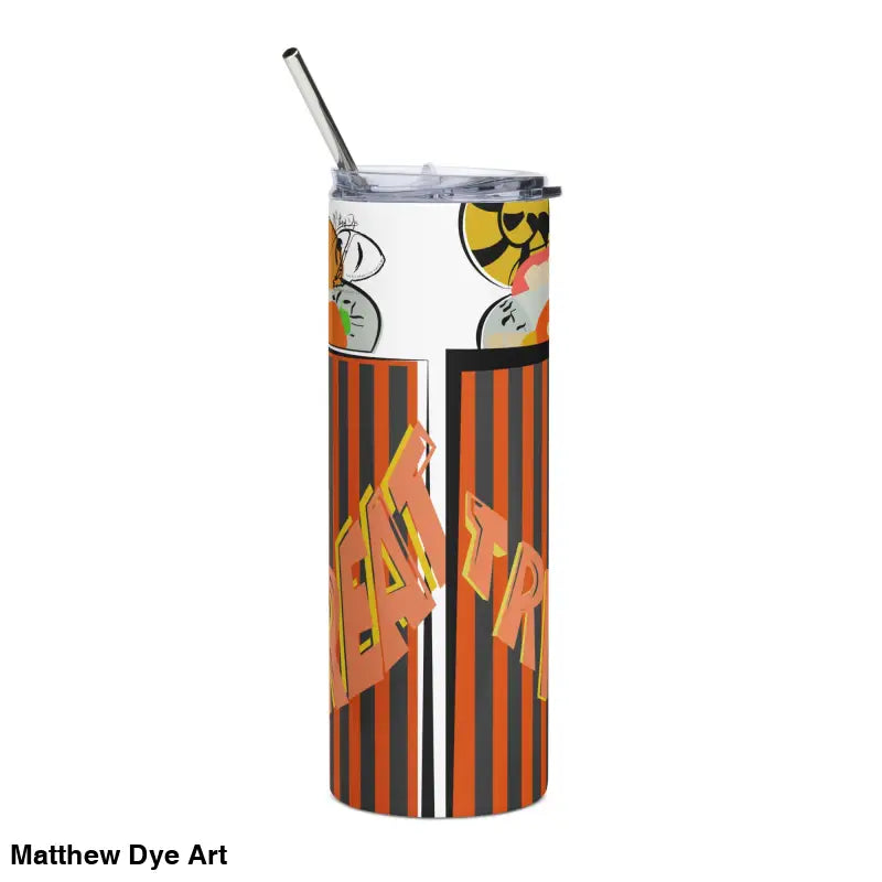 Halloween-themed stainless steel tumbler featuring Matthew Dye art and a straw