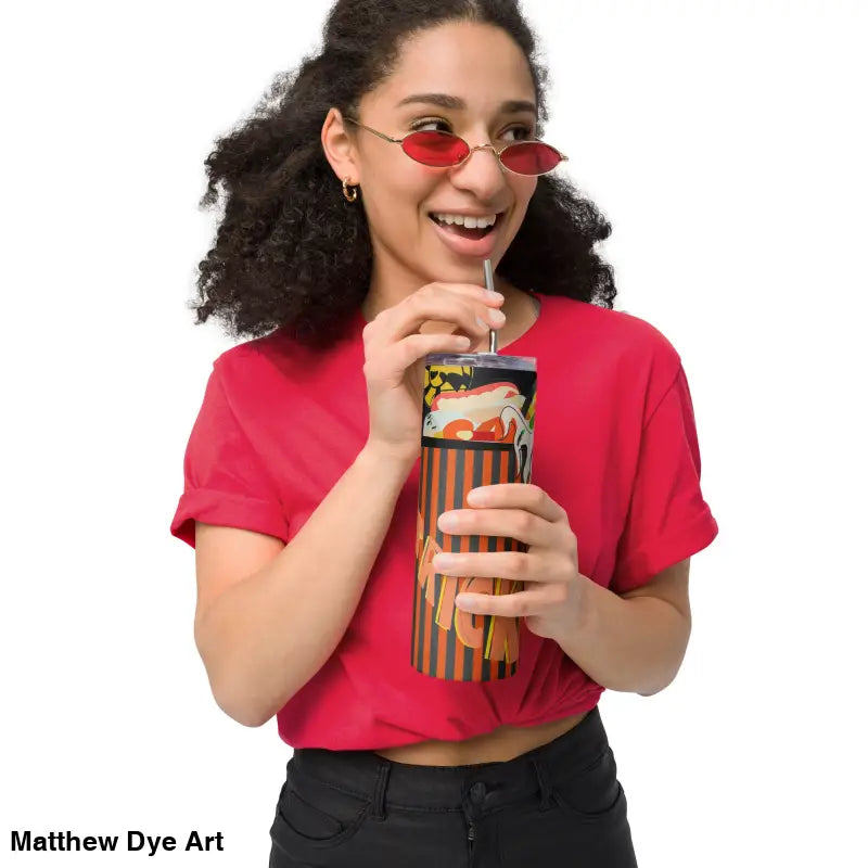 Halloween-themed stainless steel tumbler with straw featuring Matthew Dye art design