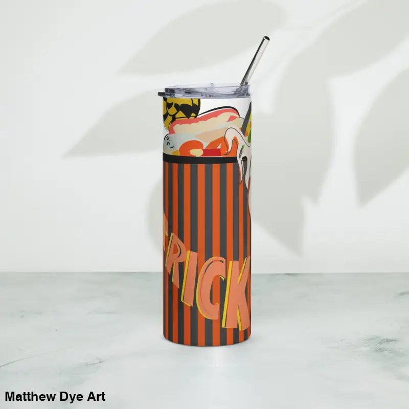 Halloween-themed stainless steel tumbler featuring Matthew Dye art and a straw