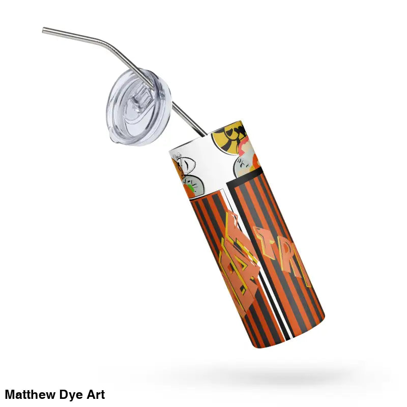 Patterned stainless steel tumbler with straw and lid featuring Matthew Dye art